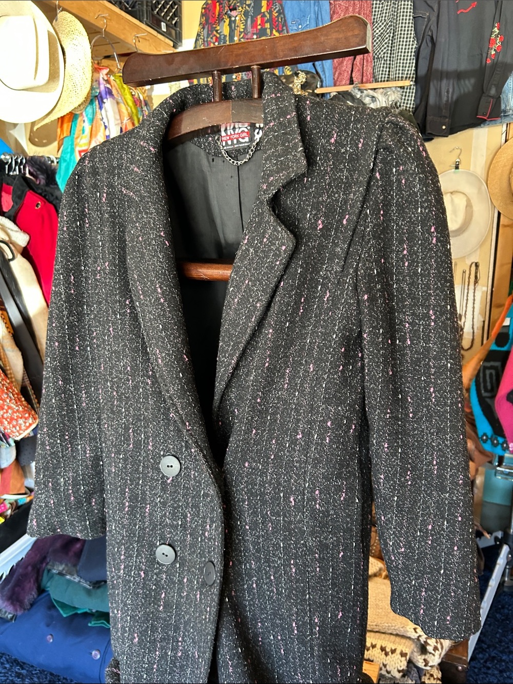 Vintage New York Girl Black/Pink Tweed Double-Breasted Women's Coat - Picture 5 of 14